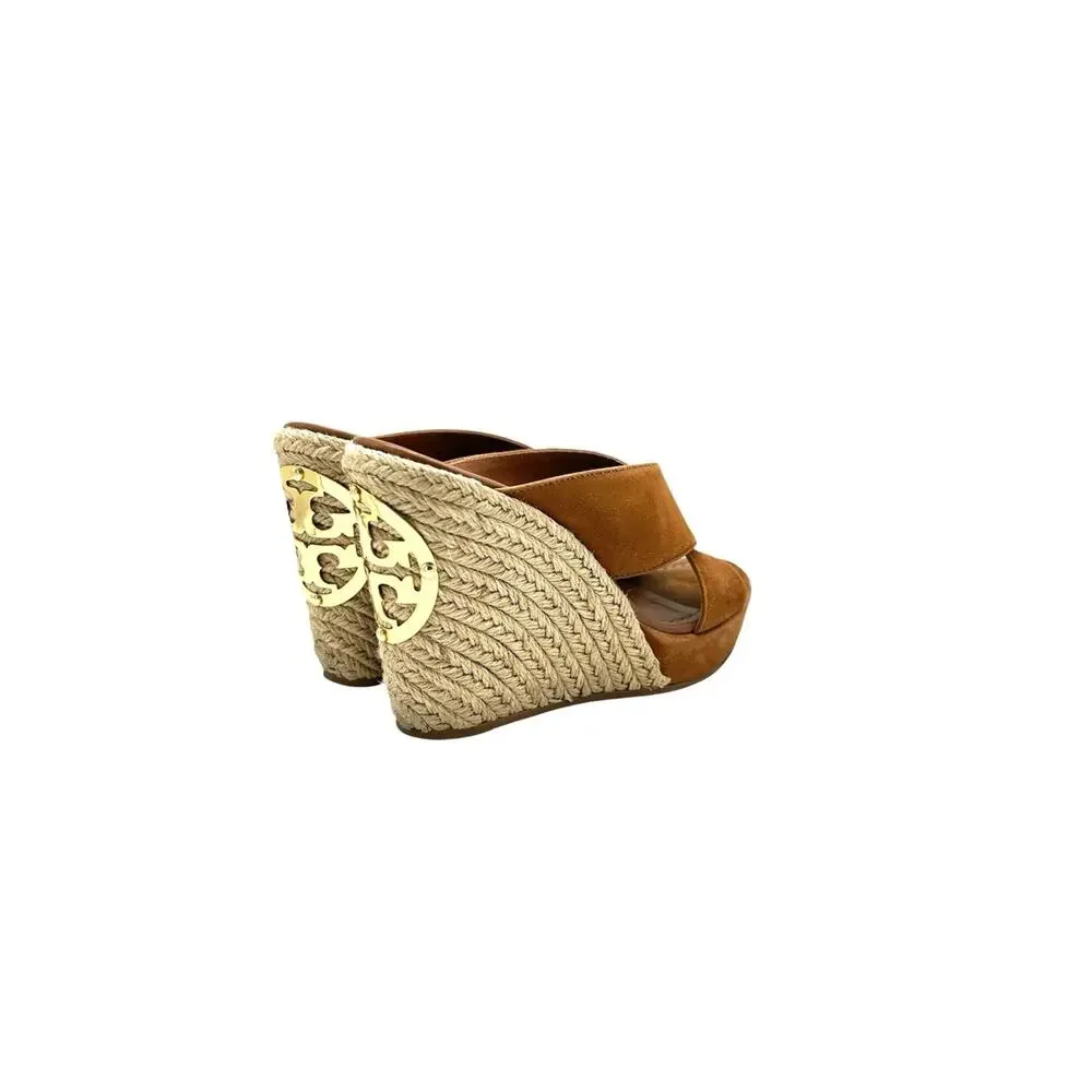 Tory Burch Bailey Sandals Caramel Suede Upper Espadrille Wedge Size 7 Gold Logo